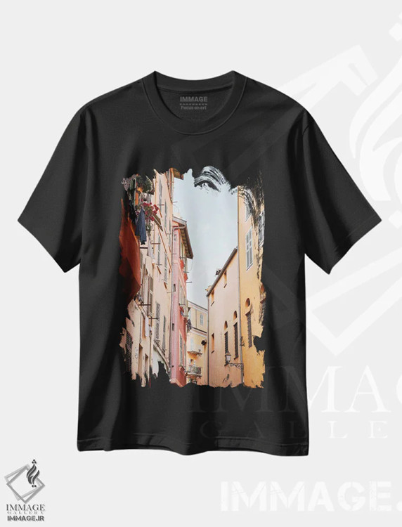 تیشرت مشکی طرح دار شهر قدیمی رنگارنگ نیس، تزئینی اثر هنریکه شنک | فروشگاه ایماژ