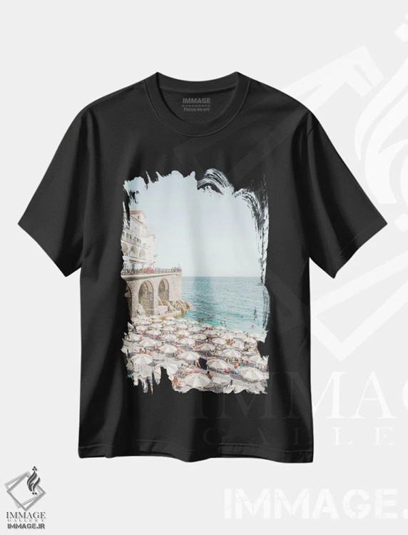 تیشرت مشکی طرح دار منظره ساحل آمالفی، مدیوم اثر هنریکه شنک | فروشگاه ایماژ