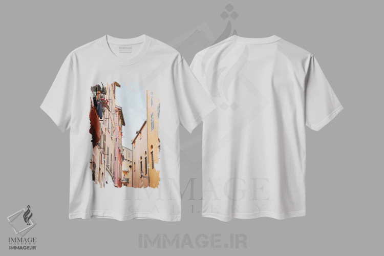 تیشرت سفید طرح دار شهر قدیمی رنگارنگ نیس، تزئینی اثر هنریکه شنک | immage.ir