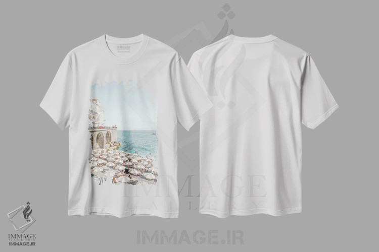 تیشرت سفید طرح دار منظره ساحل آمالفی، مدیوم اثر هنریکه شنک | immage.ir