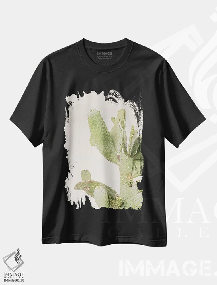 تیشرت مشکی طرح دار گیاه کاکتوس روی زمینه سفید، مدیوم اثر هنریکه شنک | فروشگاه ایماژ