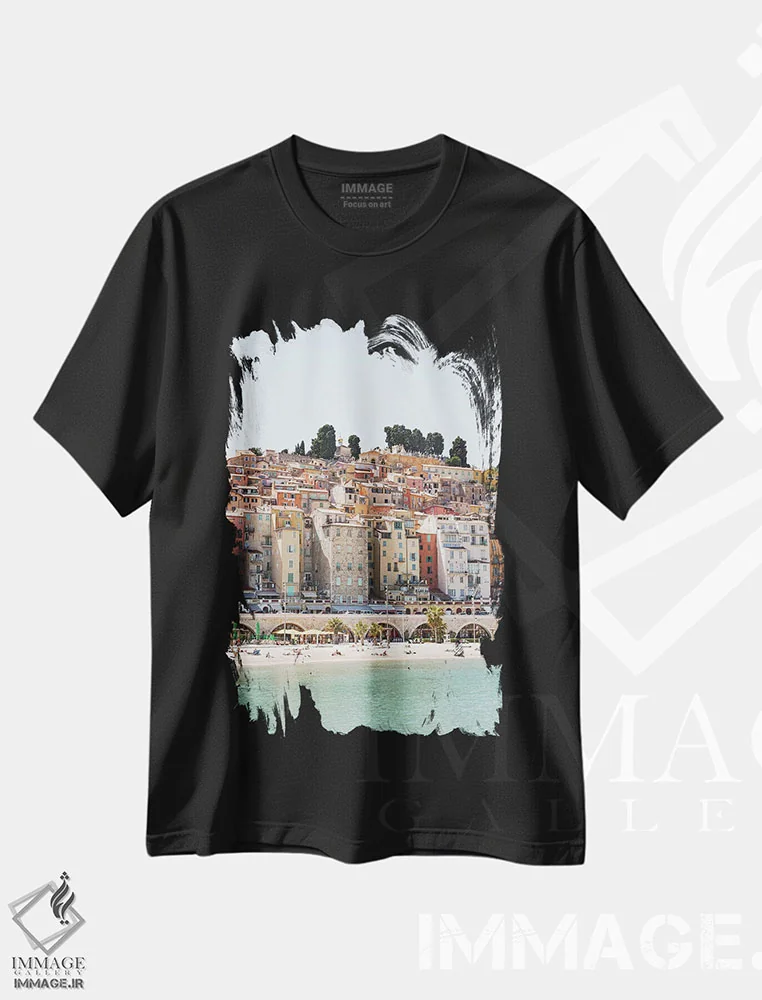 تیشرت مشکی طرح دار روستای رنگارنگ منتون، تزئینی اثر هنریکه شنک | فروشگاه ایماژ