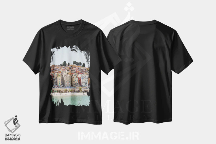 تیشرت مشکی طرح دار روستای رنگارنگ منتون، تزئینی اثر هنریکه شنک | فروشگاه ایماژ