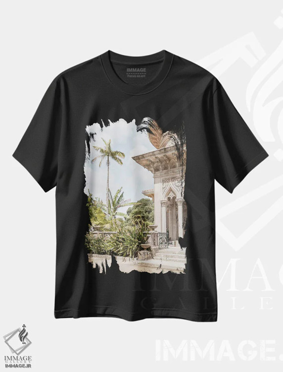 تیشرت مشکی طرح دار کاخ گرمسیری مونسرات، مدیوم اثر هنریکه شنک | فروشگاه ایماژ