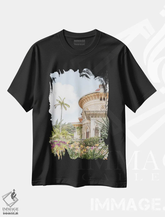 تیشرت مشکی طرح دار درخت نخل قصر مونسرات، مدیوم اثر هنریکه شنک | فروشگاه ایماژ