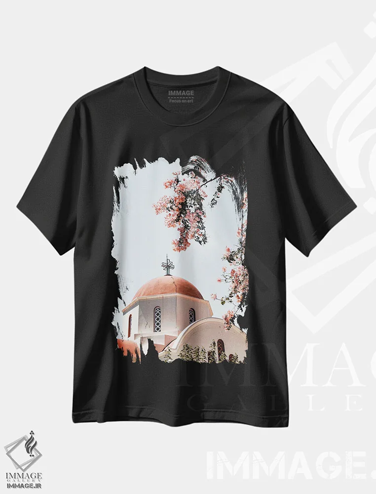 تیشرت مشکی طرح دار کلیسای سفید در یونان، مدیوم اثر هنریکه شنک | فروشگاه ایماژ