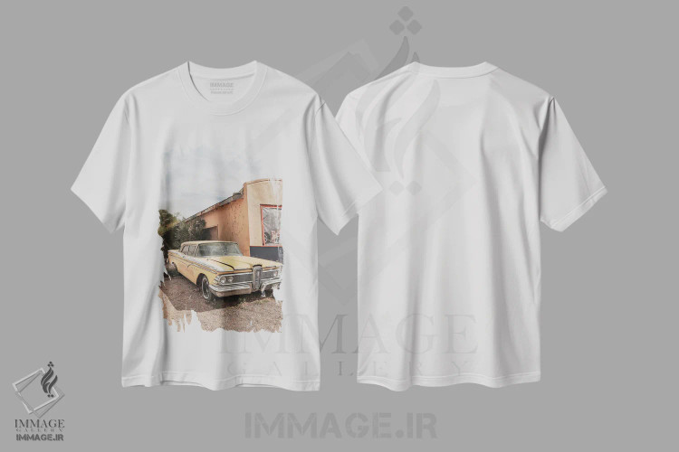 تیشرت سفید طرح دار ماشین زرد در جاده ۶۶، تزئینی اثر هنریکه شنک | فروشگاه ایماژ