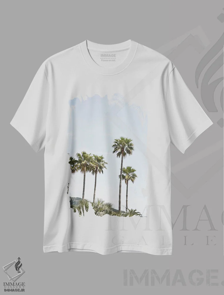 تیشرت سفید طرح دار نخل های کالیفرنیا، تزئینی اثر هنریکه شنک | فروشگاه ایماژ