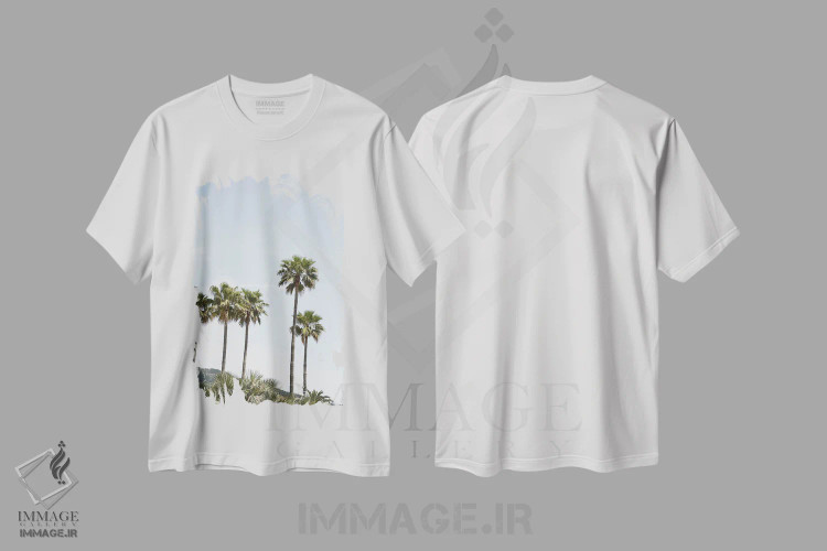 تیشرت سفید طرح دار نخل های کالیفرنیا، تزئینی اثر هنریکه شنک | فروشگاه ایماژ