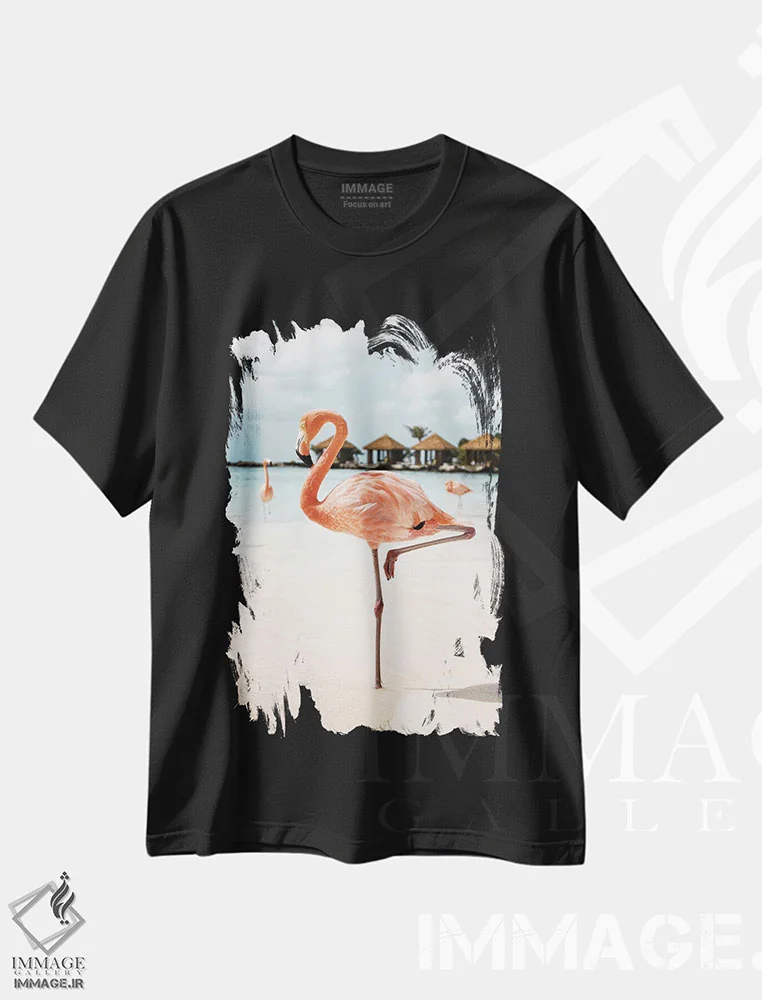 تیشرت مشکی طرح دار فلامینگو در جزیره آروبا، تزئینی اثر هنریکه شنک | فروشگاه ایماژ