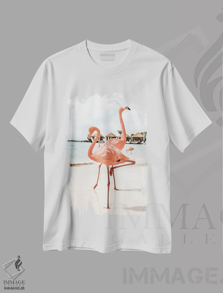 تیشرت سفید طرح دار فلامینگوها در جزیره آروبا، مدیوم اثر هنریکه شنک | فروشگاه ایماژ
