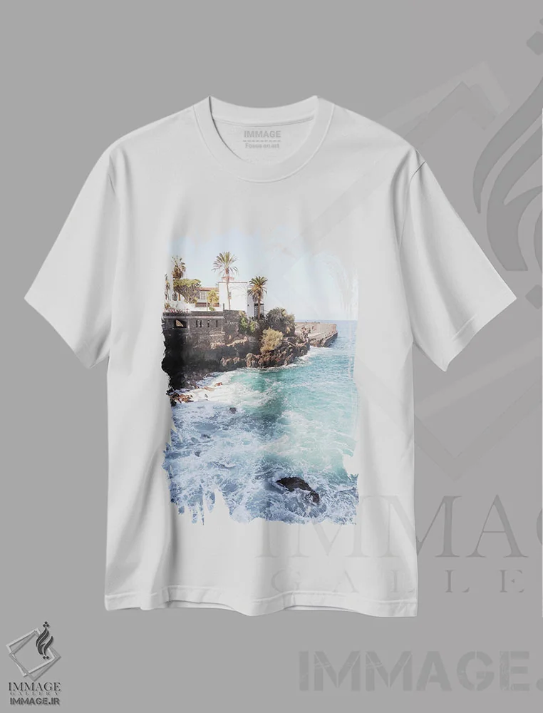 تیشرت سفید طرح دار نمای جزیره تنریفه، دکور ساحلی اثر هنریکه شنک | فروشگاه ایماژ