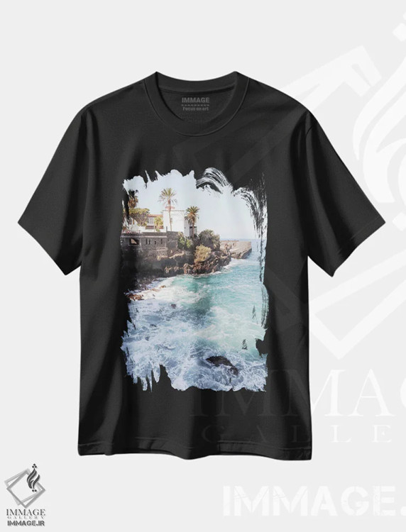تیشرت مشکی طرح دار نمای جزیره تنریفه، دکور ساحلی اثر هنریکه شنک | immage.ir