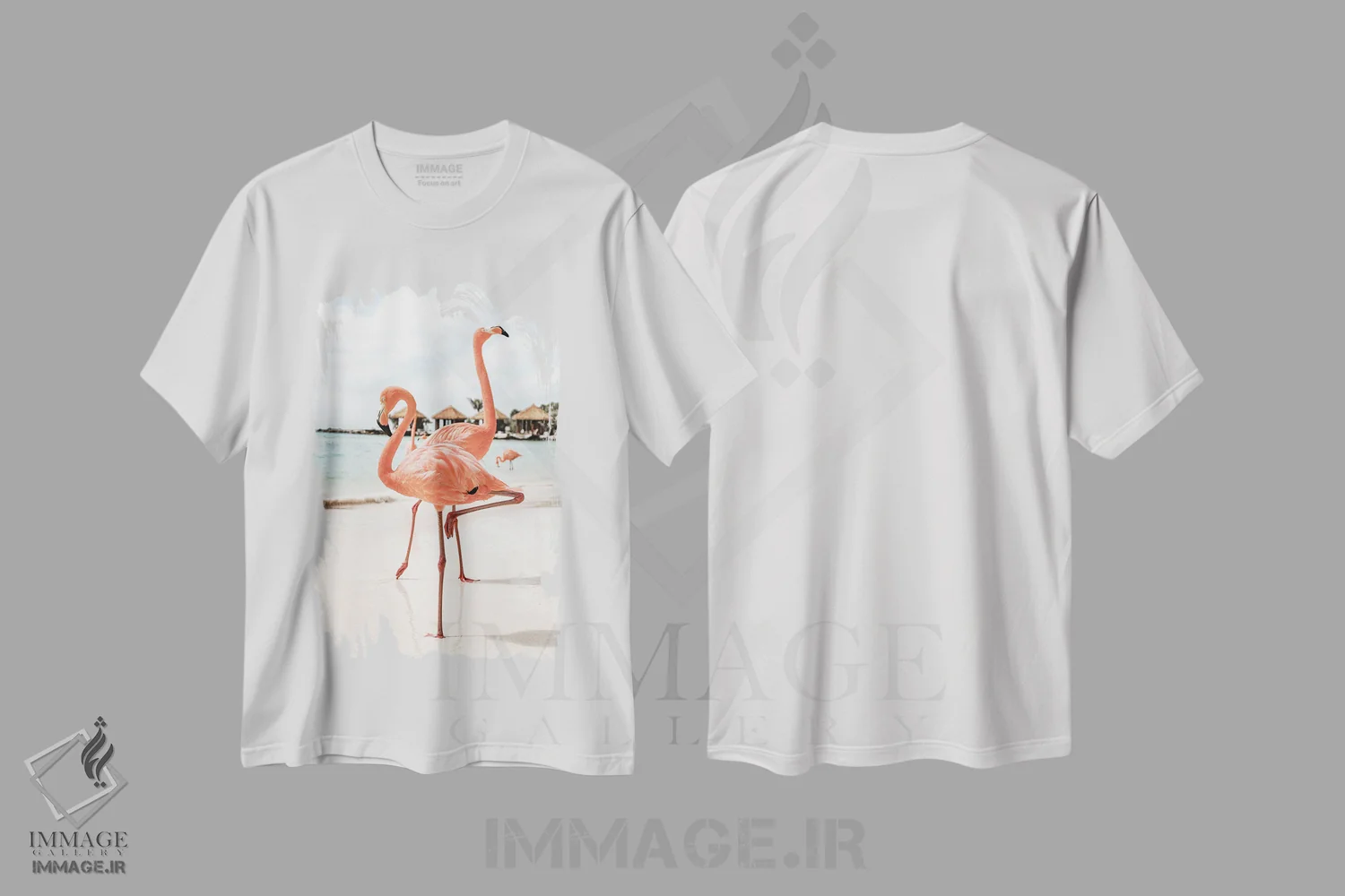 تیشرت سفید طرح دار فلامینگوها در جزیره آروبا، مدیوم اثر هنریکه شنک | فروشگاه ایماژ