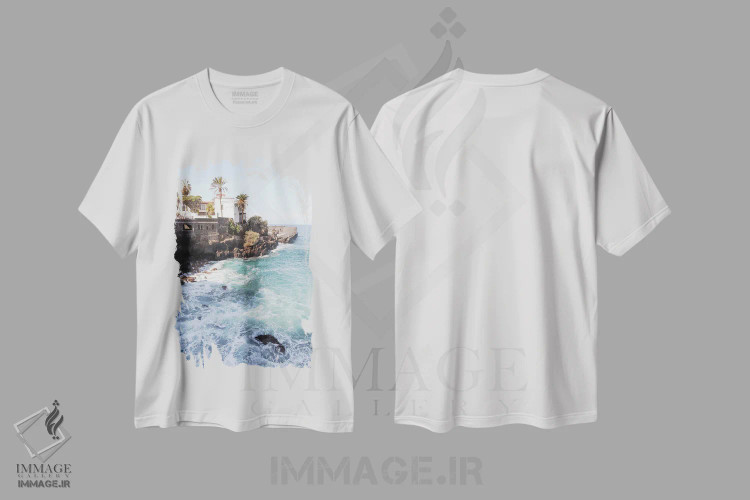 تیشرت سفید طرح دار نمای جزیره تنریفه، دکور ساحلی اثر هنریکه شنک | فروشگاه ایماژ