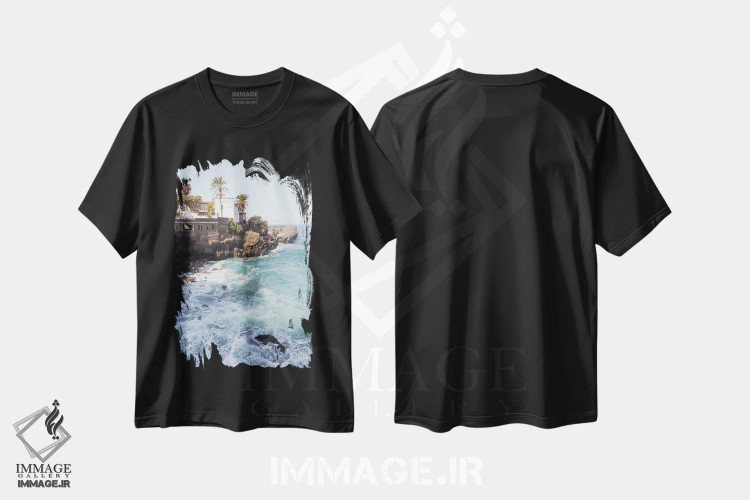 تیشرت مشکی طرح دار نمای جزیره تنریفه، دکور ساحلی اثر هنریکه شنک | immage.ir