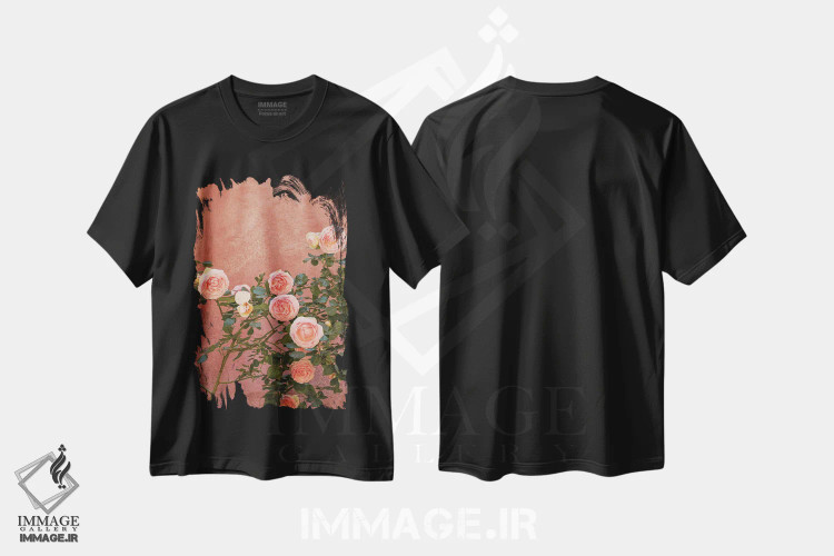 تیشرت مشکی طرح دار شکوفه گل رز صورتی، مدیوم اثر هنریکه شنک | immage.ir