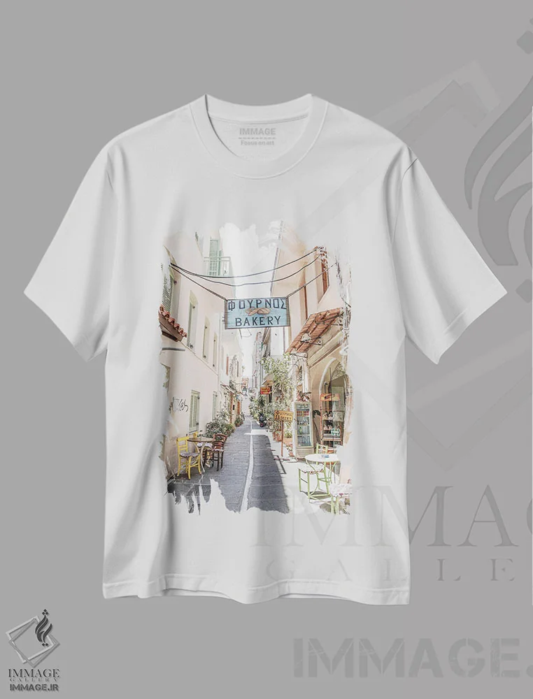 تیشرت سفید طرح دار خیابان پاستلی در یونان، مدیوم اثر هنریکه شنک | فروشگاه ایماژ