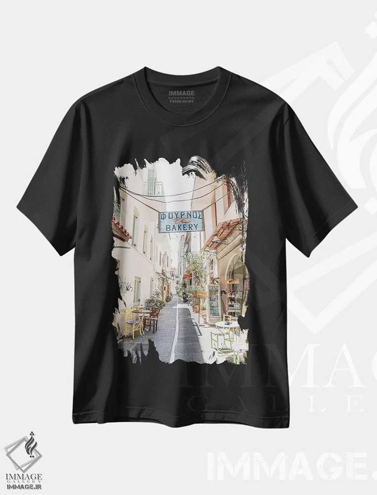 تیشرت مشکی طرح دار خیابان پاستلی در یونان، مدیوم اثر هنریکه شنک | immage.ir