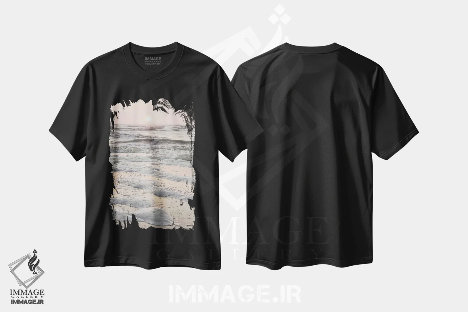 تیشرت مشکی طرح دار غروب اقیانوسی با رنگ های پاستلی، مدیوم اثر هنریکه شنک | فروشگاه ایماژ