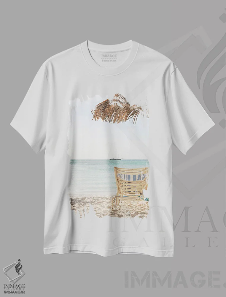 تیشرت سفید طرح دار نمای ساحل آروبا، دکور ساحلی اثر هنریکه شنک | فروشگاه ایماژ