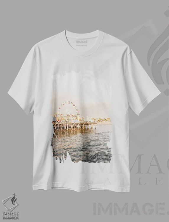 تیشرت سفید طرح دار اسکله سانتا مونیکا، کالیفرنیا، مدیوم اثر هنریکه شنک | فروشگاه ایماژ