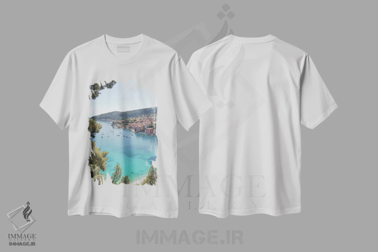 تیشرت سفید طرح دار ساحل ریویرا فرانسه، دکور ساحلی اثر هنریکه شنک | فروشگاه ایماژ