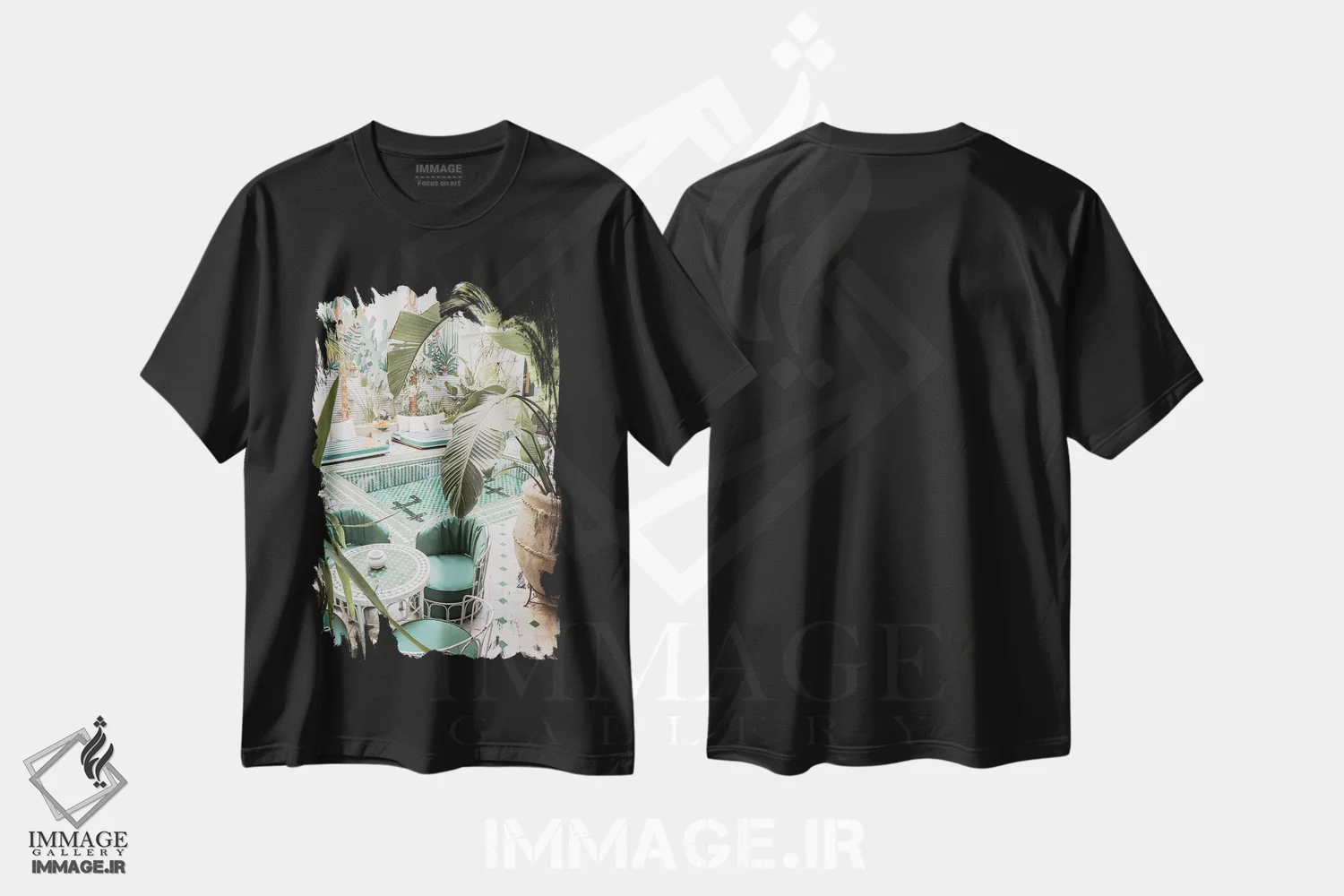 تیشرت مشکی طرح دار فضای گیاهی در مراکش، تزئینی اثر هنریکه شنک | فروشگاه ایماژ