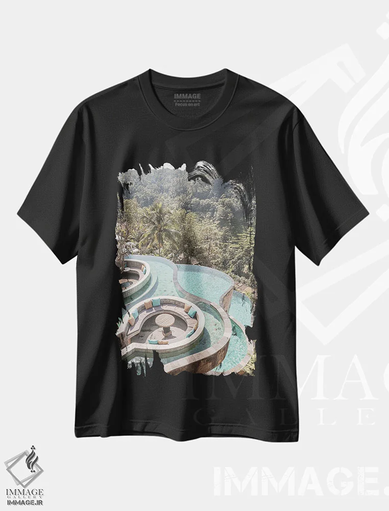 تیشرت مشکی طرح دار استخر جنگلی گرمسیری در جزیره بالی، تزئینی اثر هنریکه شنک | immage.ir