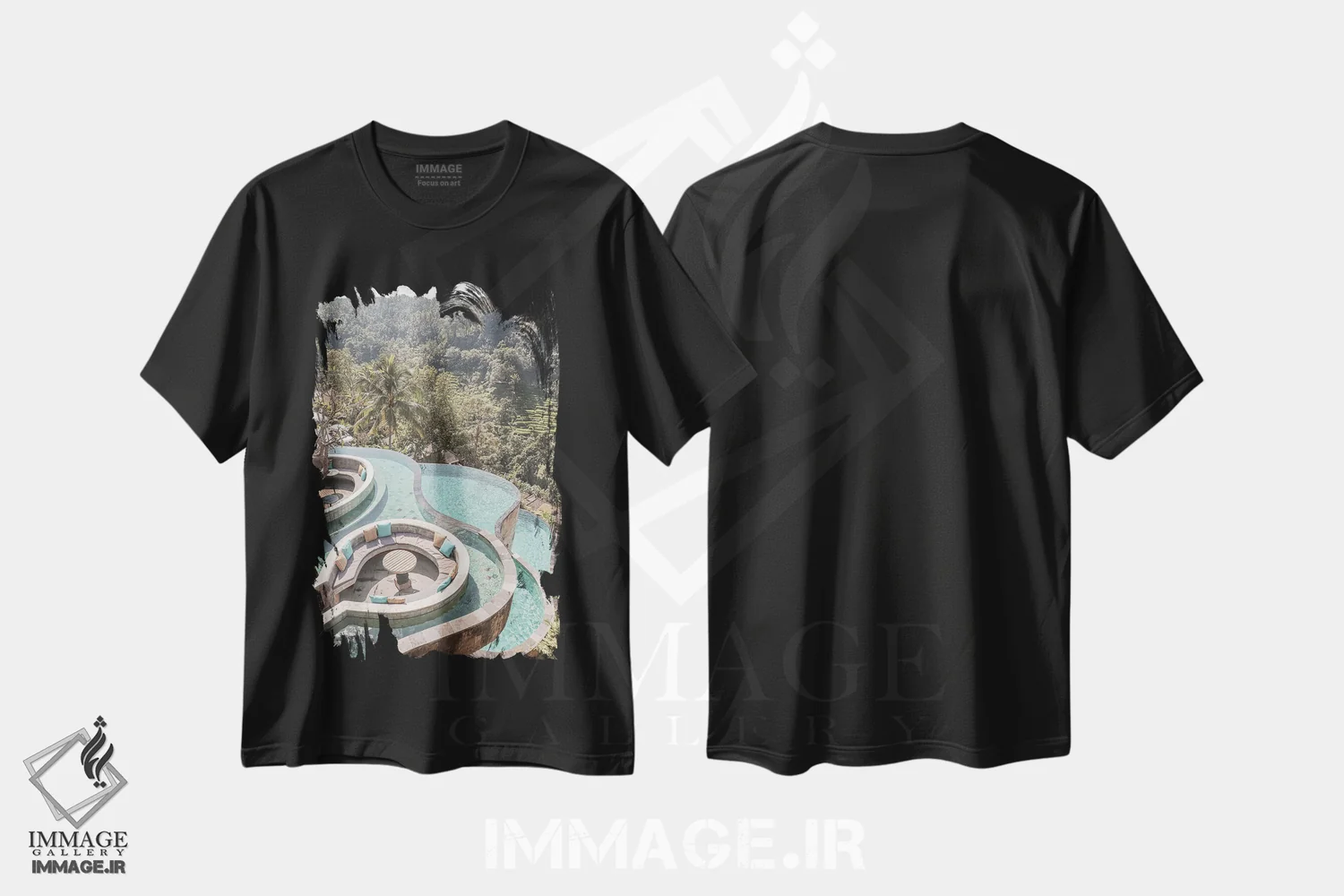 تیشرت مشکی طرح دار استخر جنگلی گرمسیری در جزیره بالی، تزئینی اثر هنریکه شنک | immage.ir