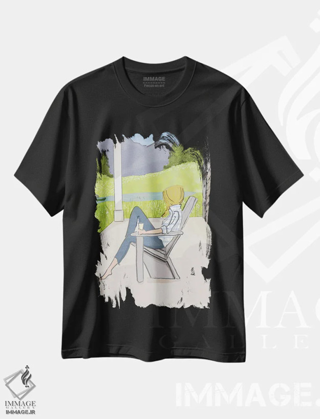 تیشرت مشکی طرح دار نشستن در ایوان کوهستان، هنر دیجیتال اثر هدر استیلافسن | فروشگاه ایماژ