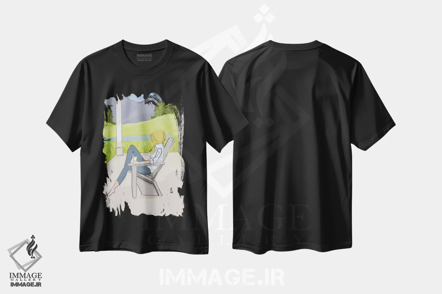 تیشرت مشکی طرح دار نشستن در ایوان کوهستان، هنر دیجیتال اثر هدر استیلافسن | فروشگاه ایماژ
