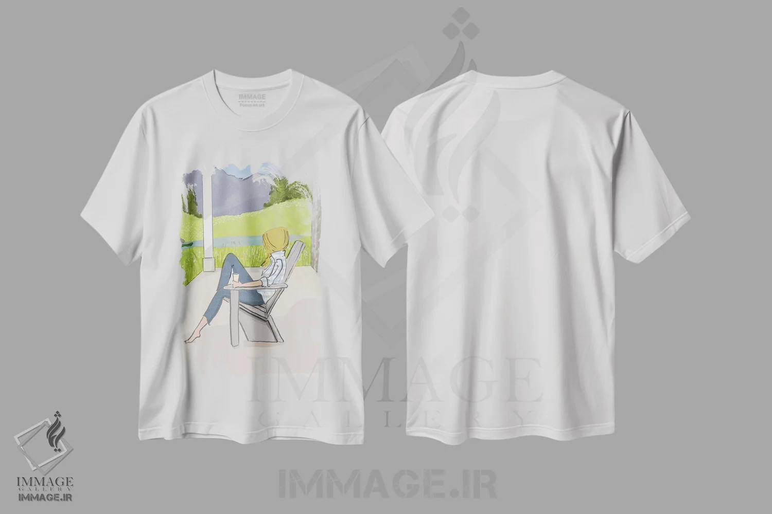 تیشرت سفید طرح دار نشستن در ایوان کوهستان، هنر دیجیتال اثر هدر استیلافسن | immage.ir