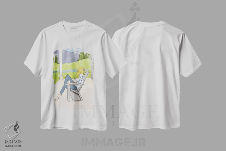 تیشرت سفید طرح دار نشستن در ایوان کوهستان، هنر دیجیتال اثر هدر استیلافسن | immage.ir