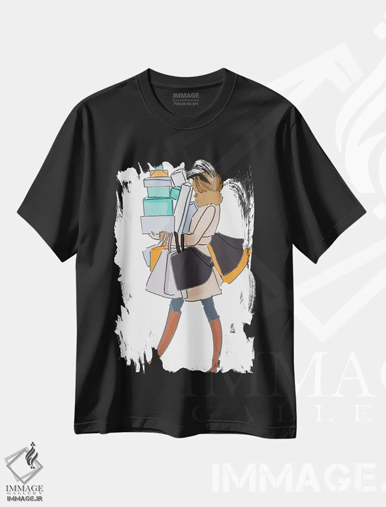 تیشرت مشکی طرح دار دختر خریدکننده، هنر دیجیتال اثر هدر استیلافسن | فروشگاه ایماژ
