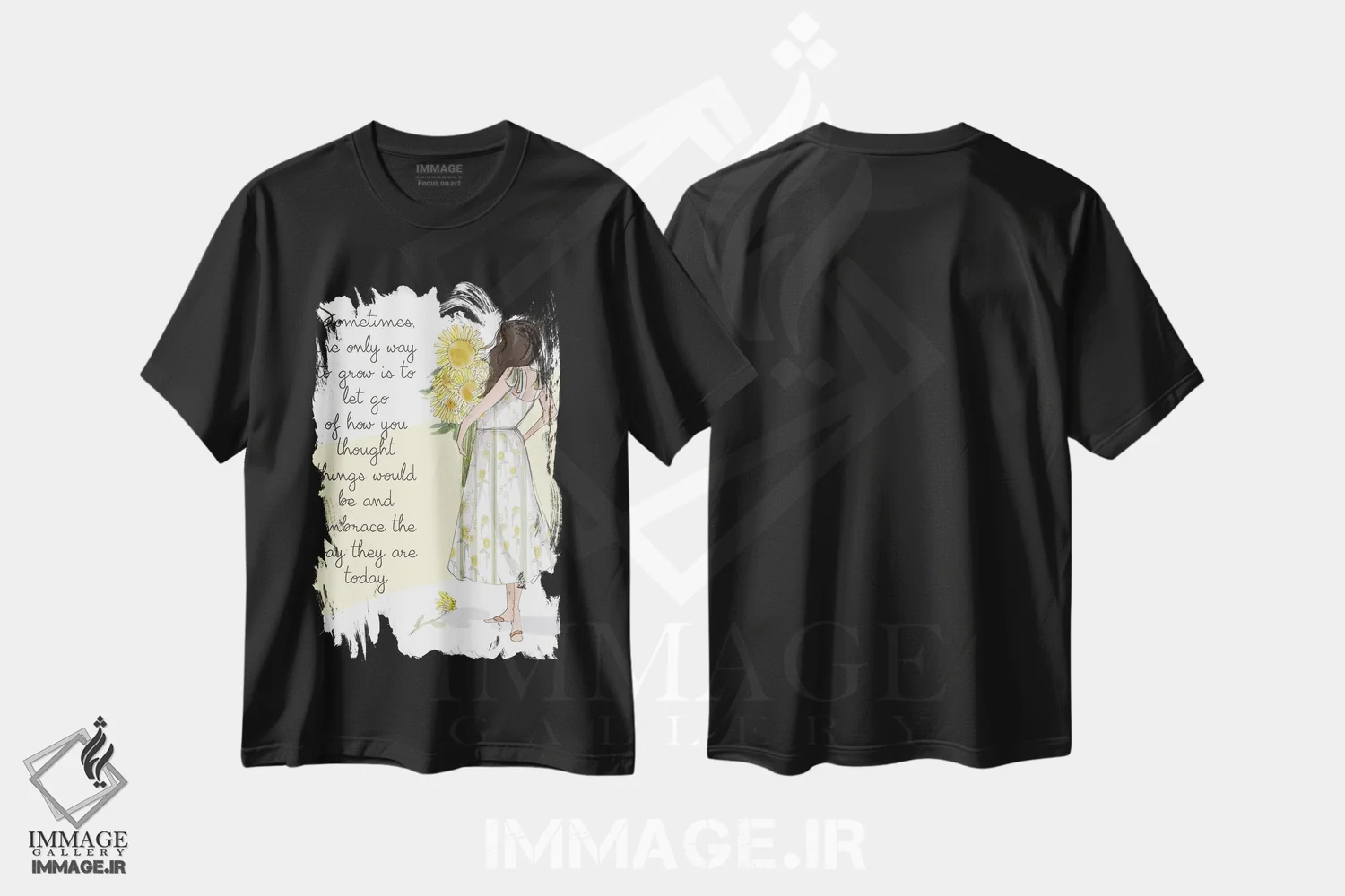 تیشرت مشکی طرح دار گاهی تنها راه رشد رها کردن است، هنر دیجیتال اثر هدر استیلافسن | فروشگاه ایماژ