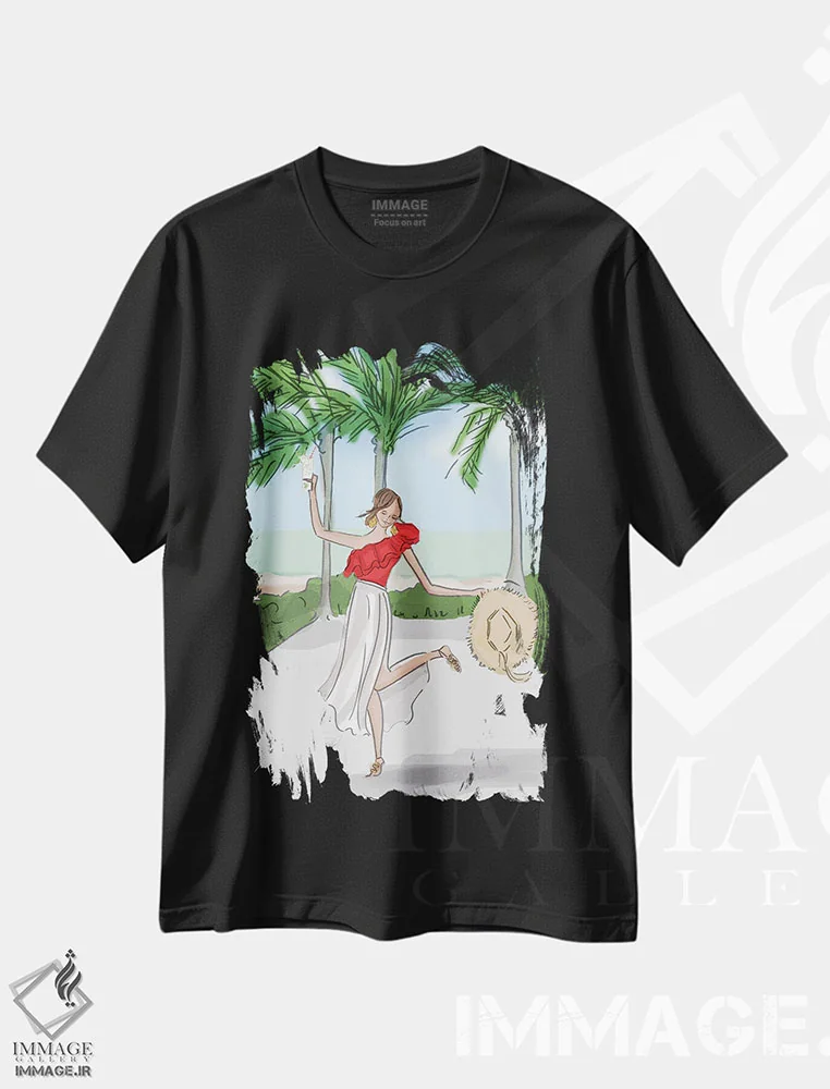 تیشرت مشکی طرح دار آخر هفته در میامی، دکور ساحلی اثر هدر استیلافسن | فروشگاه ایماژ