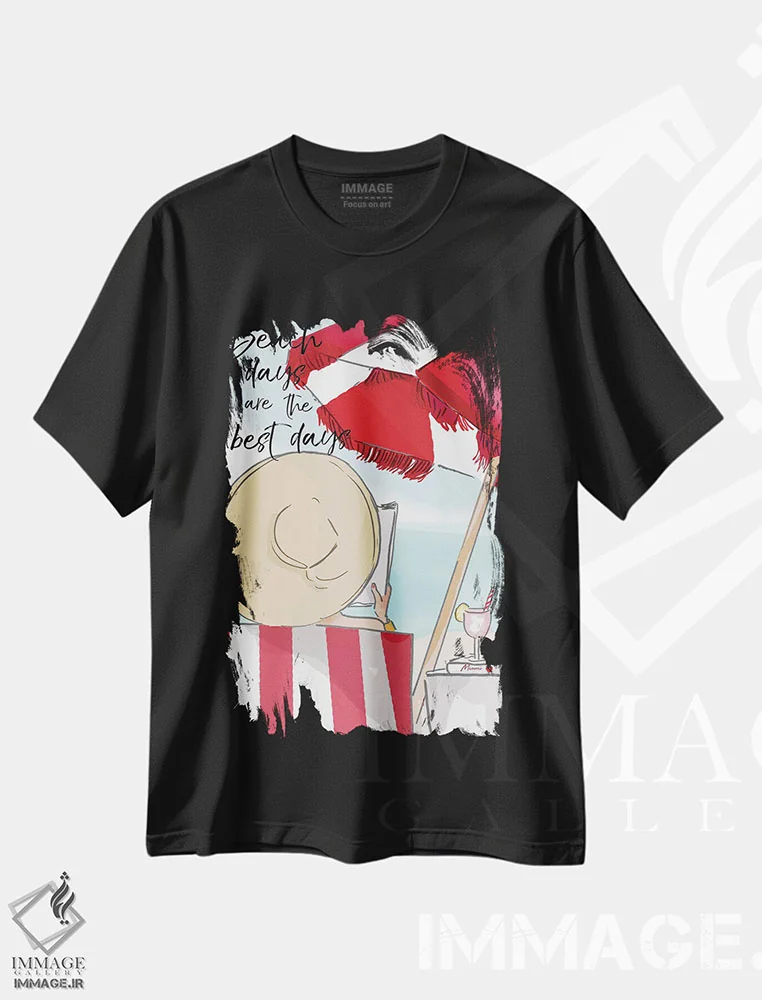 تیشرت مشکی طرح دار روزهای ساحلی بهترین اند، دکور ساحلی اثر هدر استیلافسن | immage.ir
