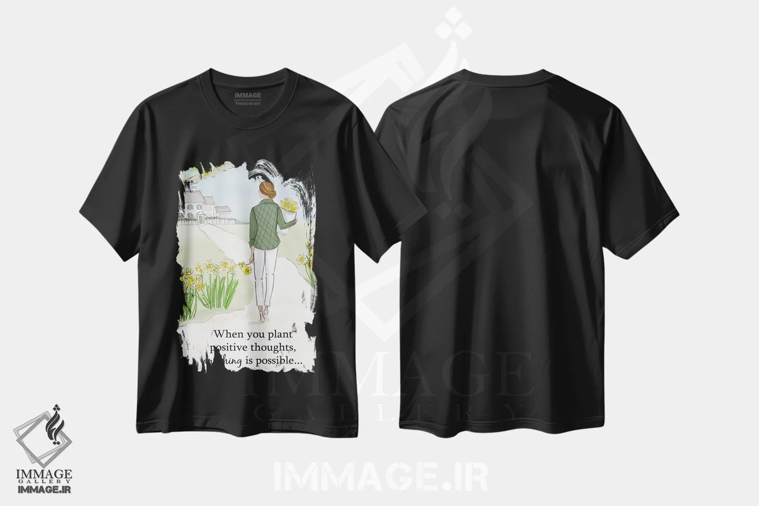 تیشرت مشکی طرح دار وقتی افکار مثبت بکاری همه چیز ممکن است، هنر دیجیتال اثر هدر استیلافسن | فروشگاه ایماژ