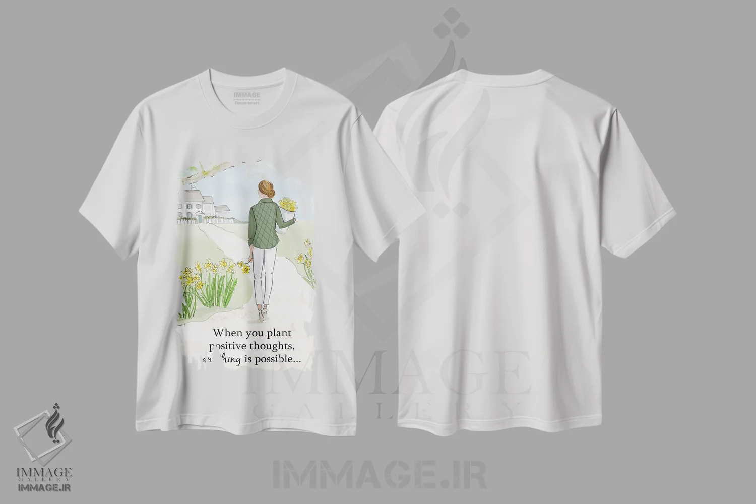 تیشرت سفید طرح دار وقتی افکار مثبت بکاری همه چیز ممکن است، هنر دیجیتال اثر هدر استیلافسن | immage.ir