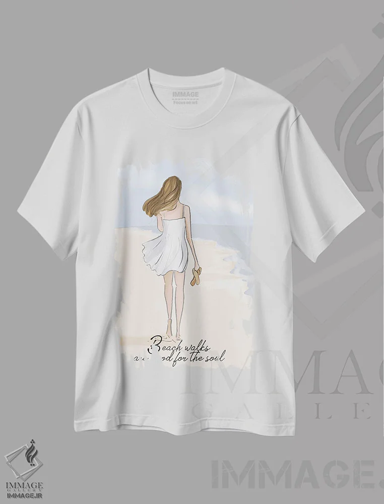 تیشرت سفید طرح دار قدم زدن در ساحل برای روح خوب است، هنر دیجیتال اثر هدر استیلافسن | فروشگاه ایماژ
