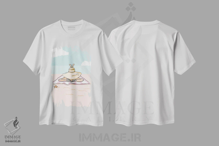 تیشرت سفید طرح دار کتاب خوانی در ساحل، هنر دیجیتال اثر هدر استیلافسن | فروشگاه ایماژ