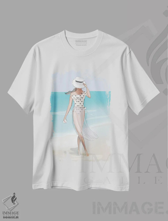 تیشرت سفید طرح دار جمع آوری صدف کنار ساحل، دکور ساحلی اثر هدر استیلافسن | فروشگاه ایماژ