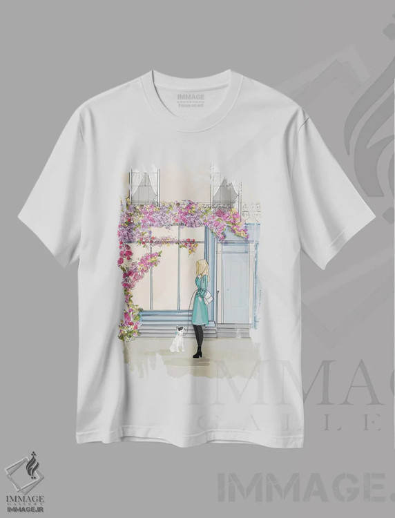 تیشرت سفید طرح دار قفسه های کتاب و گل ها، هنر دیجیتال اثر هدر استیلافسن | immage.ir