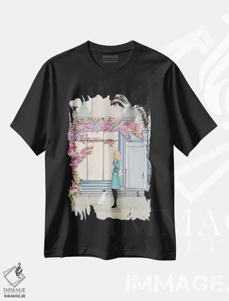تیشرت مشکی طرح دار قفسه های کتاب و گل ها، هنر دیجیتال اثر هدر استیلافسن | فروشگاه ایماژ