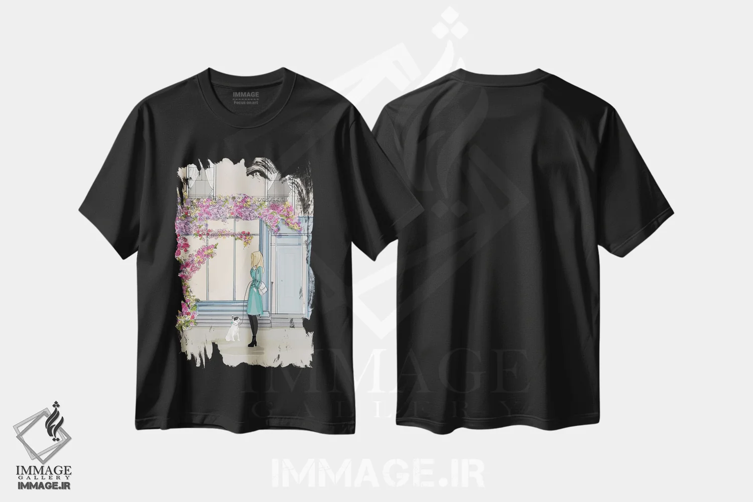 تیشرت مشکی طرح دار قفسه های کتاب و گل ها، هنر دیجیتال اثر هدر استیلافسن | فروشگاه ایماژ