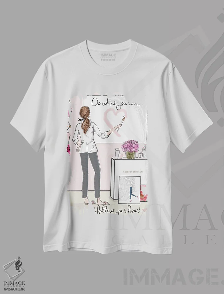 تیشرت سفید طرح دار کاری که دوست داری انجام بده و دنبال دلت برو، هنر دیجیتال اثر هدر استیلافسن | immage.ir