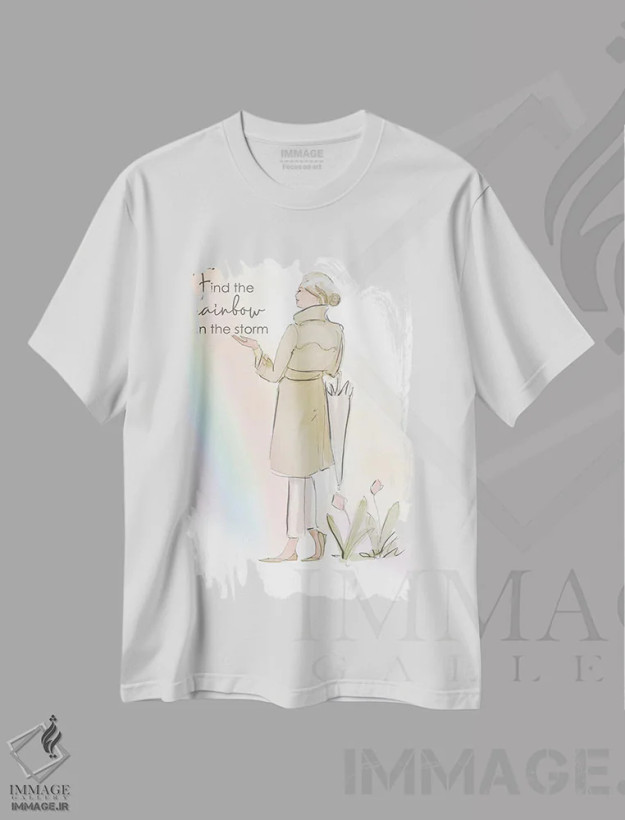 تیشرت سفید طرح دار در طوفان رنگین کمان را بیاب، هنر دیجیتال اثر هدر استیلافسن | فروشگاه ایماژ