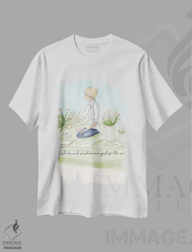 تیشرت سفید طرح دار هوای تازه و نور آفتاب، هنر دیجیتال اثر هدر استیلافسن | فروشگاه ایماژ