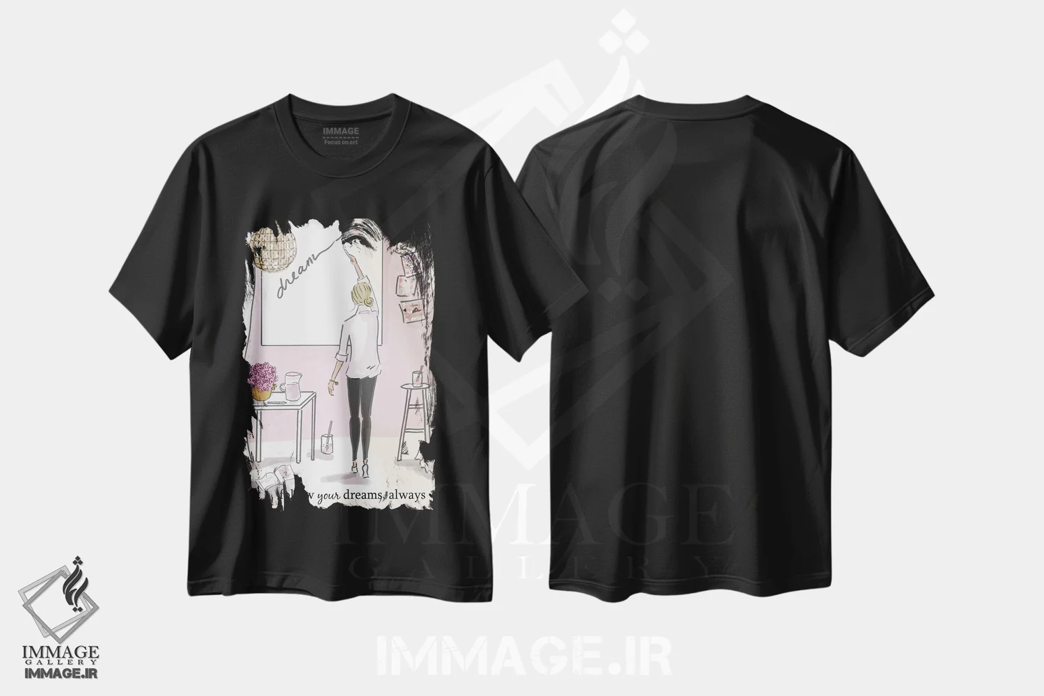 تیشرت مشکی طرح دار دنبال رویاهایت برو، هنر دیجیتال اثر هدر استیلافسن | فروشگاه ایماژ